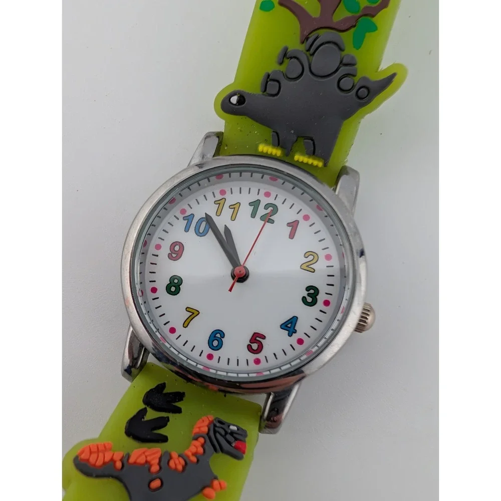 Kids Dinosaur Watch Silver 27mm Case Green‎ Silicone Band- New Battery